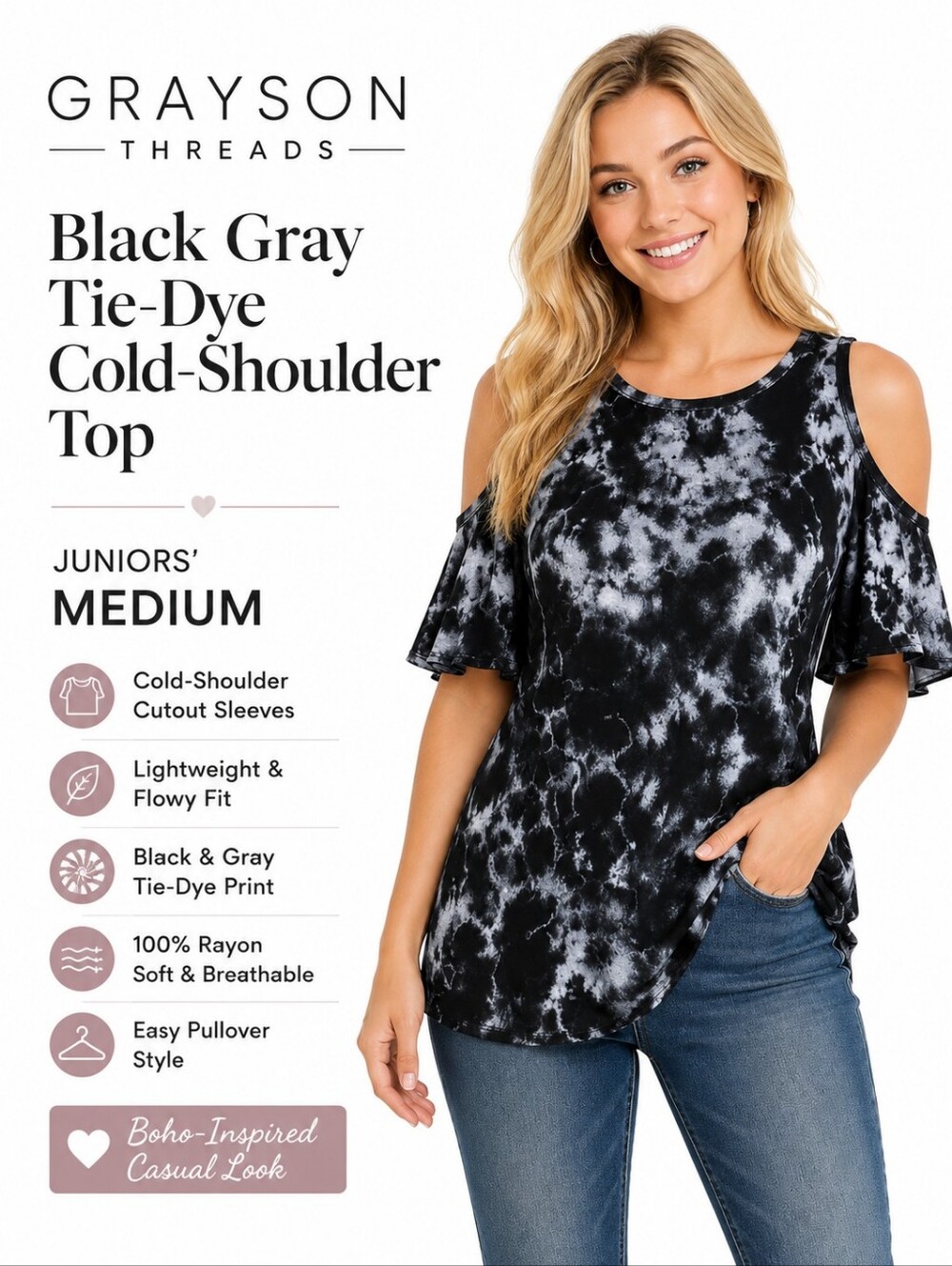 Grayson Threads Black Gray Tie-Dye Cold Shoulder Top Juniors Medium NWT